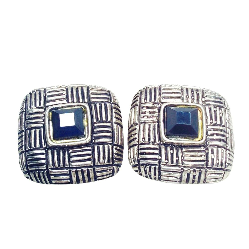 Silver Tone Metal Square ClipOn Square Earrings Black Rhinestone 80s Vtg Jewelry